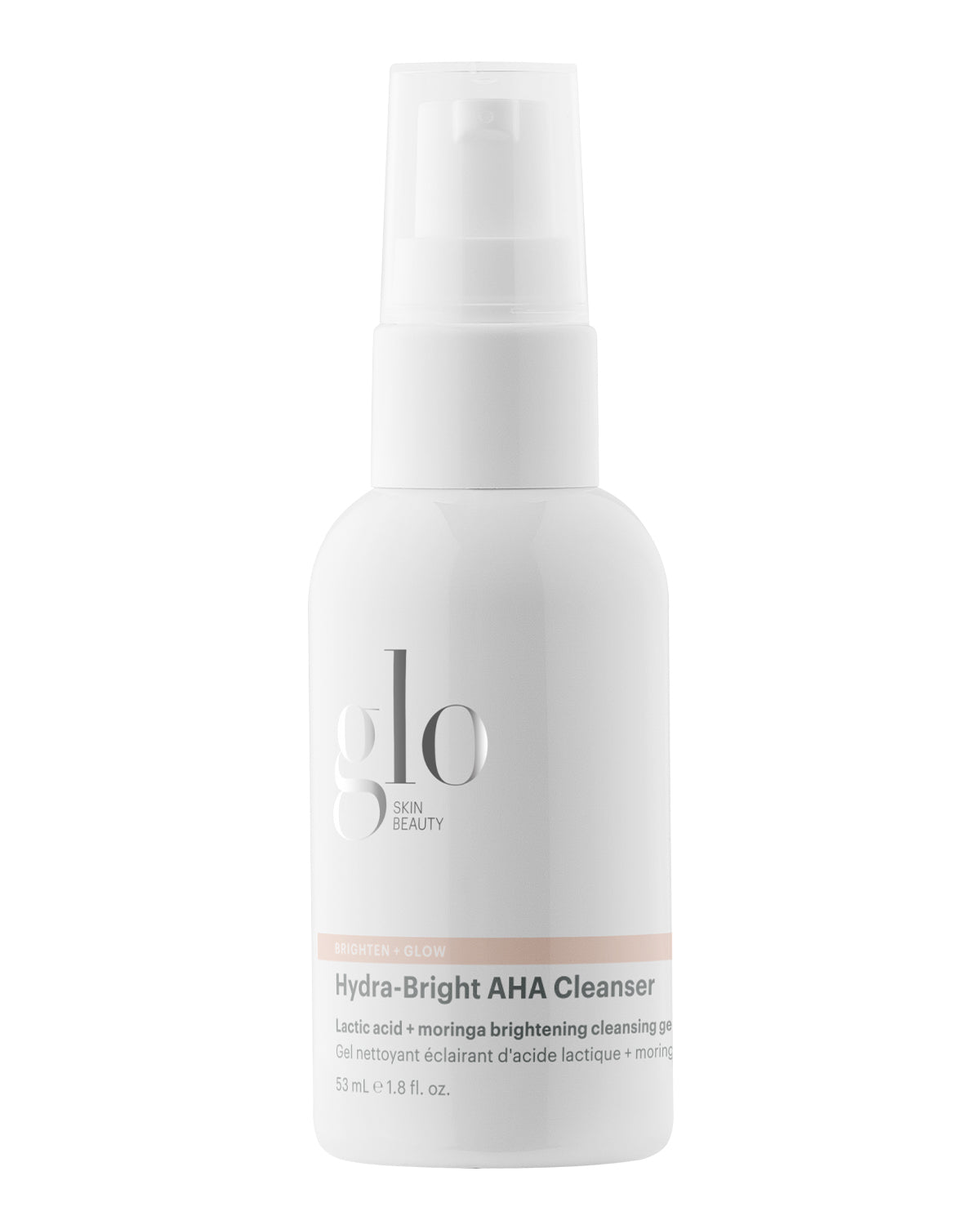 Front view of travel-size Hydra-Bright AHA Cleanser bottle showing pump dispenser and label with 53 mL on white background
