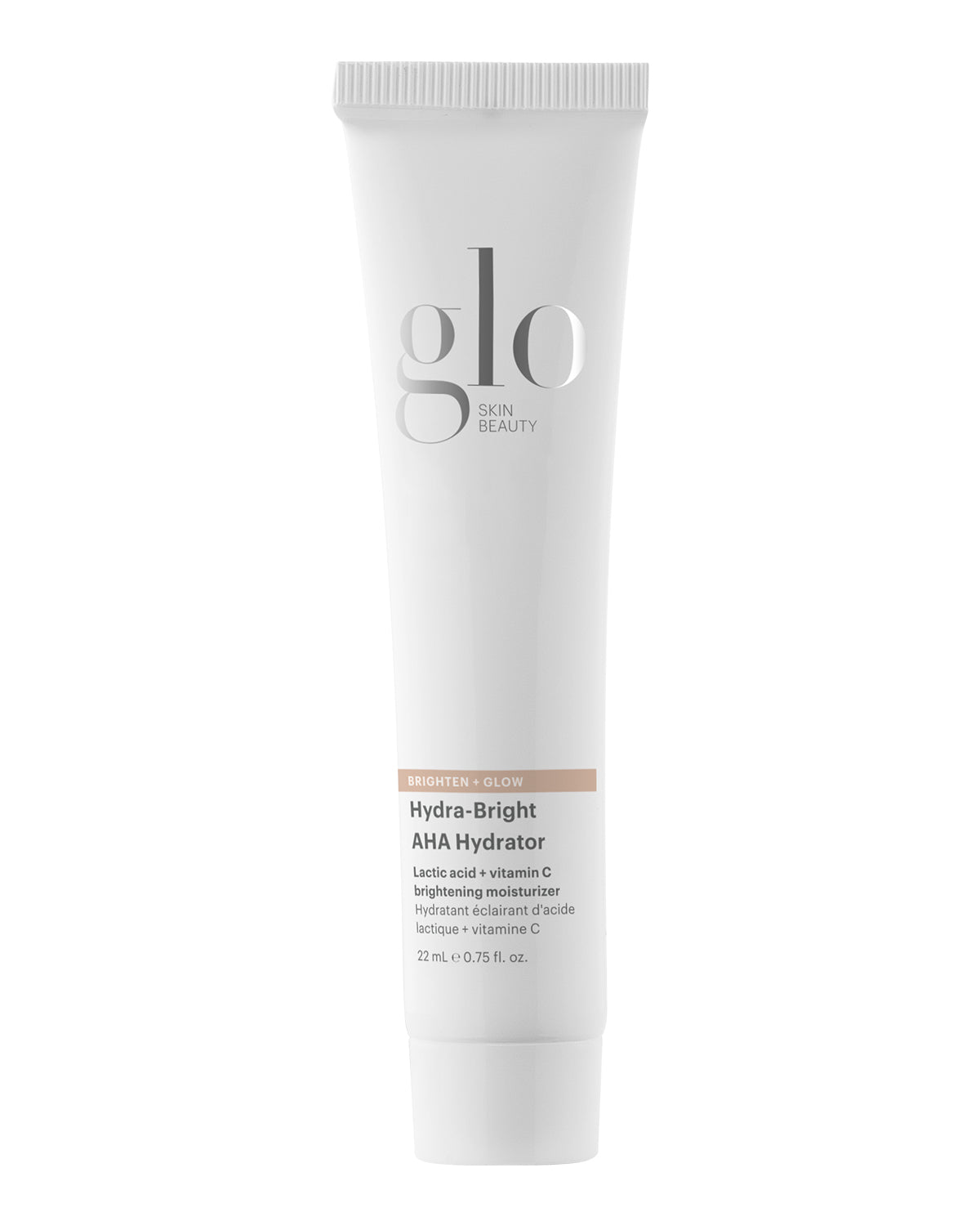 Front view of Hydra-Bright AHA Hydrator 22 mL travel tube showing lactic acid and vitamin C brightening formula, white background
