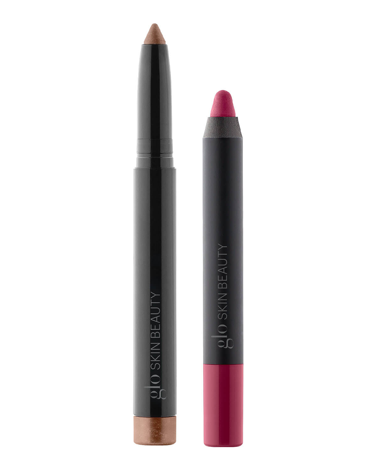 Front view of Bronzed & Berry duo showing a bronze eye crayon and a berry lip crayon on white background
