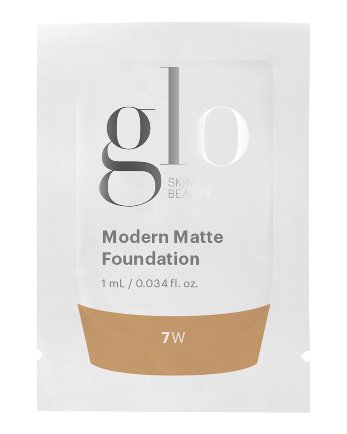 Front view of Modern Matte Foundation sample sachet showcasing shade 7W and 1 mL volume on white background