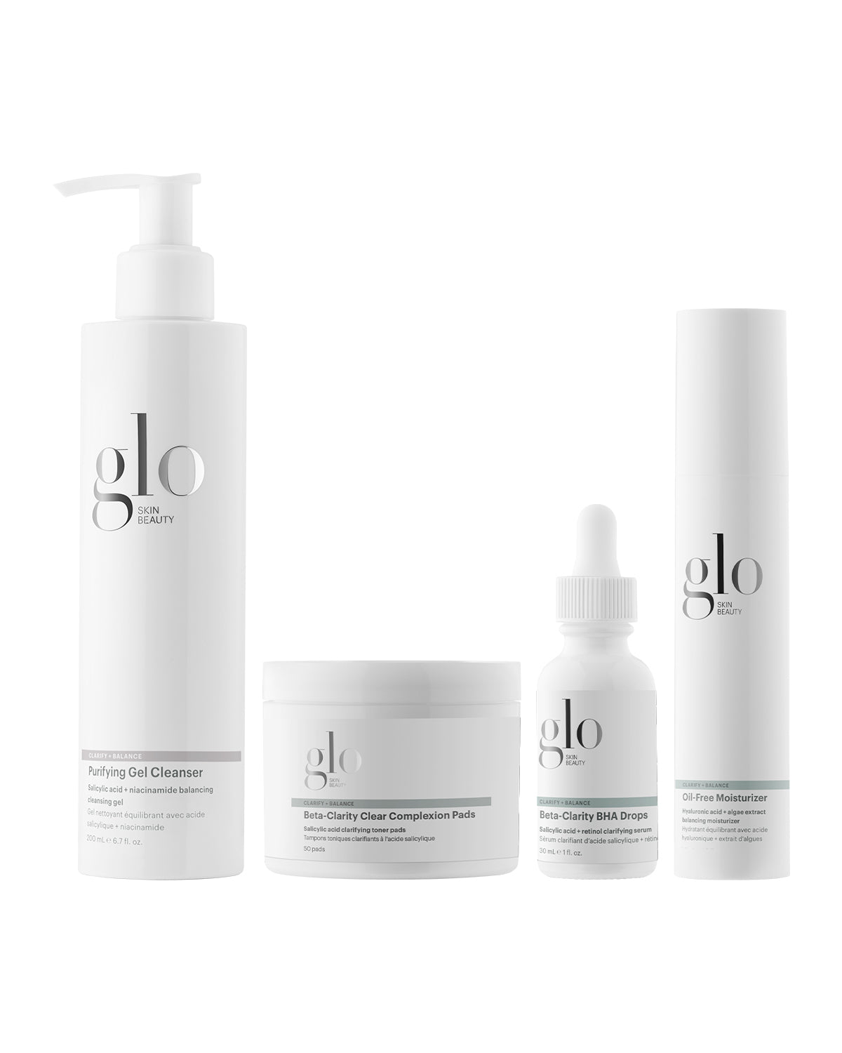 Glo Skin Beauty skincare set with cleanser, complexion pads, BHA drops, and oil-free moisturizer.
