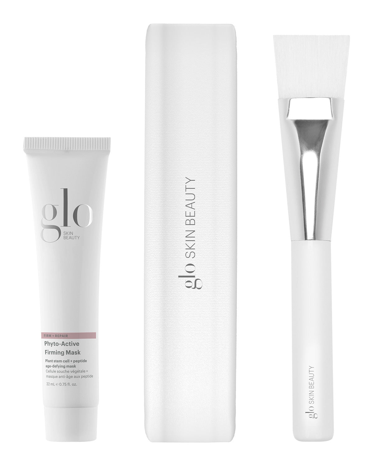 Front view of Face Mask Kit showing 22 mL Phyto-Active Firming Mask tube, white mask brush, and branded sleeve on white background