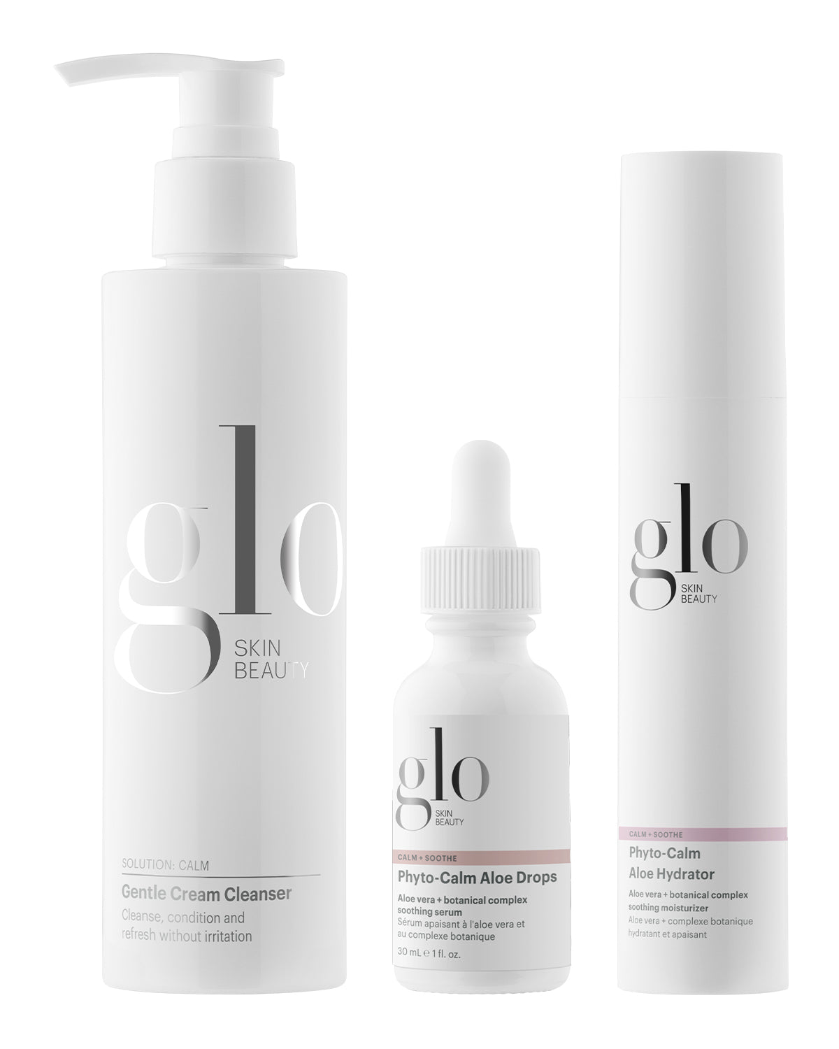 Three white glo skin beauty bottles: Gentle Cream Cleanser, Phyto-Calm Aloe Drops, and Phyto-Calm Aloe Hydrator.