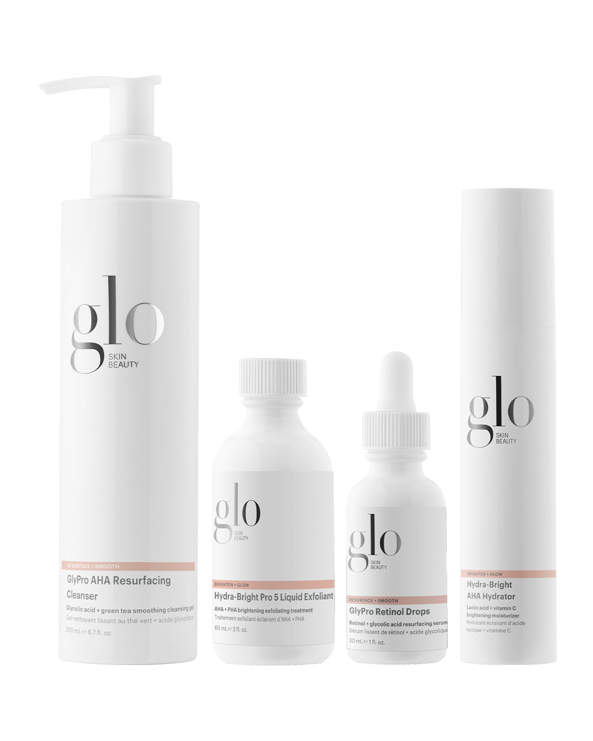 Four white Glo Skin Beauty bottles: GlyPro AHA Resurfacing Cleanser; Hydra-Bright Pro 5 Liquid Exfoliant; GlyPro Retinol Drops; Hydra-Bright AHA Hydrator