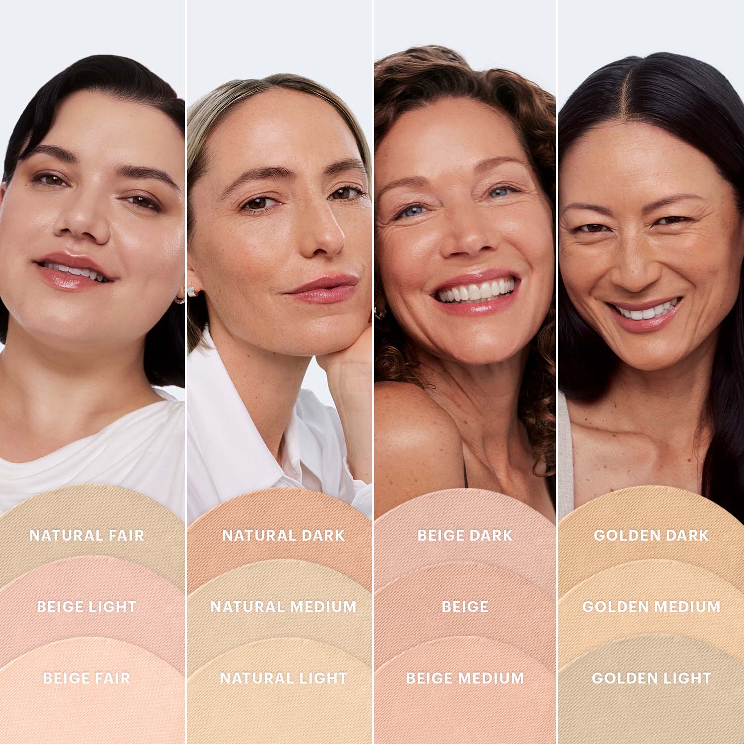 Shade chart showing four model photos with matching swatches labeled Natural Fair, Natural Dark, Beige Dark, Golden Dark