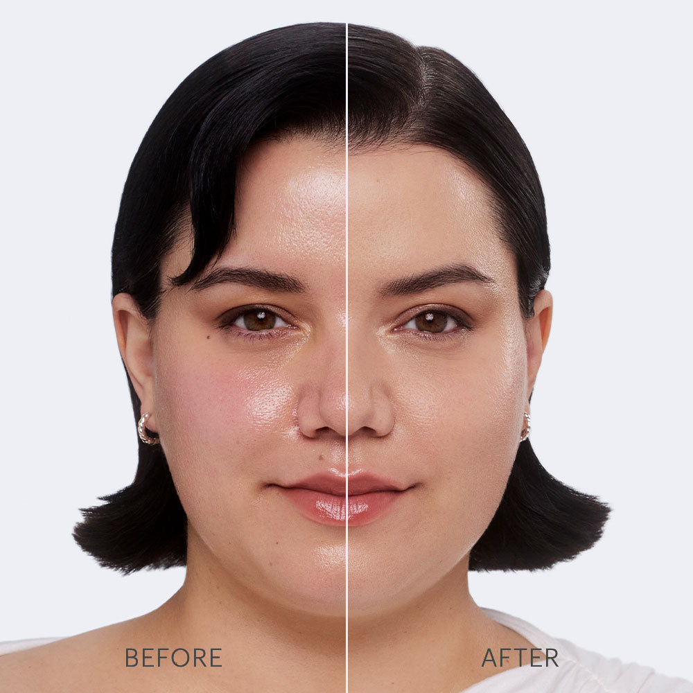 Front view of Pressed Base foundation on model showing reduced shine and more even skin with split Before/After labels