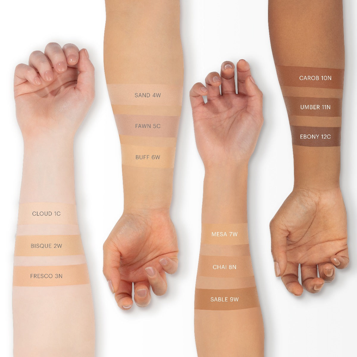 Swatches: CLOUD 1C,BISQUE 2W,FRESCO 3N,SAND 4W,FAWN 5C,BUFF 6W,MESA 7W,CHAI 8N,SABLE 9W,CAROB 10N,UMBER 11N,EBONY 12C