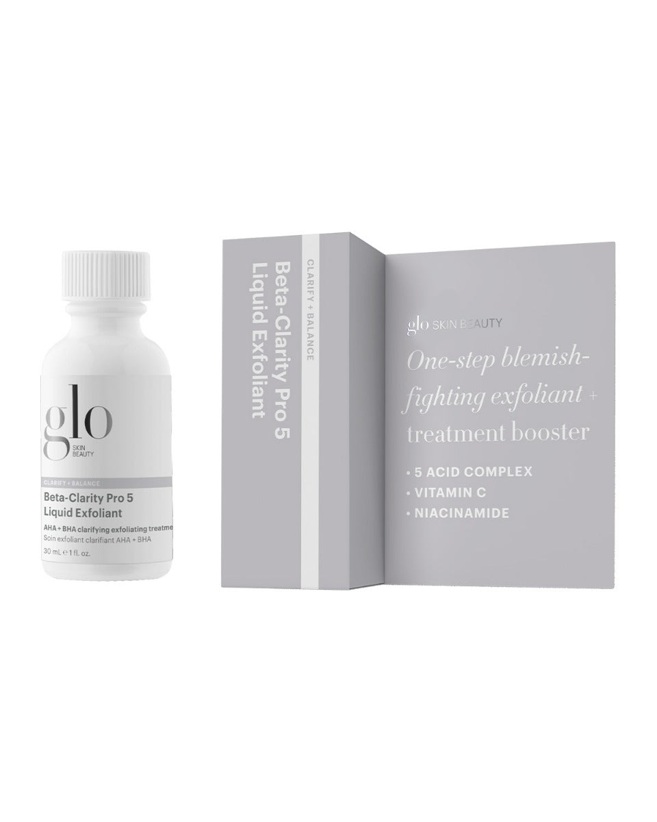 glo Skin Beauty Beta‑Clarity Pro 5 exfoliant bottle with box and leaflet reading: 'One-step blemish-fighting exfoliant + treatment booster'.