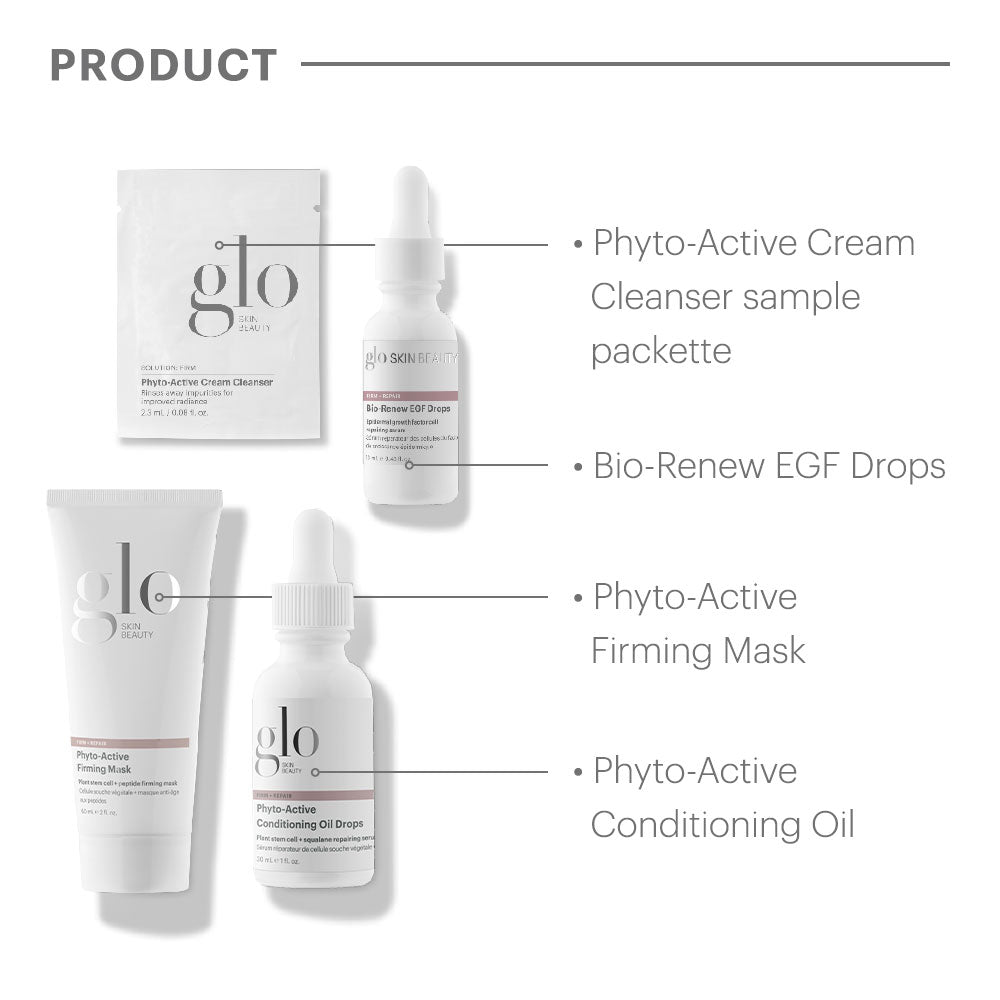 Glo Skin Beauty products: Phyto-Active Cream Cleanser sample, Bio-Renew EGF Drops, Phyto-Active Firming Mask, Phyto-Active Conditioning Oil Drops