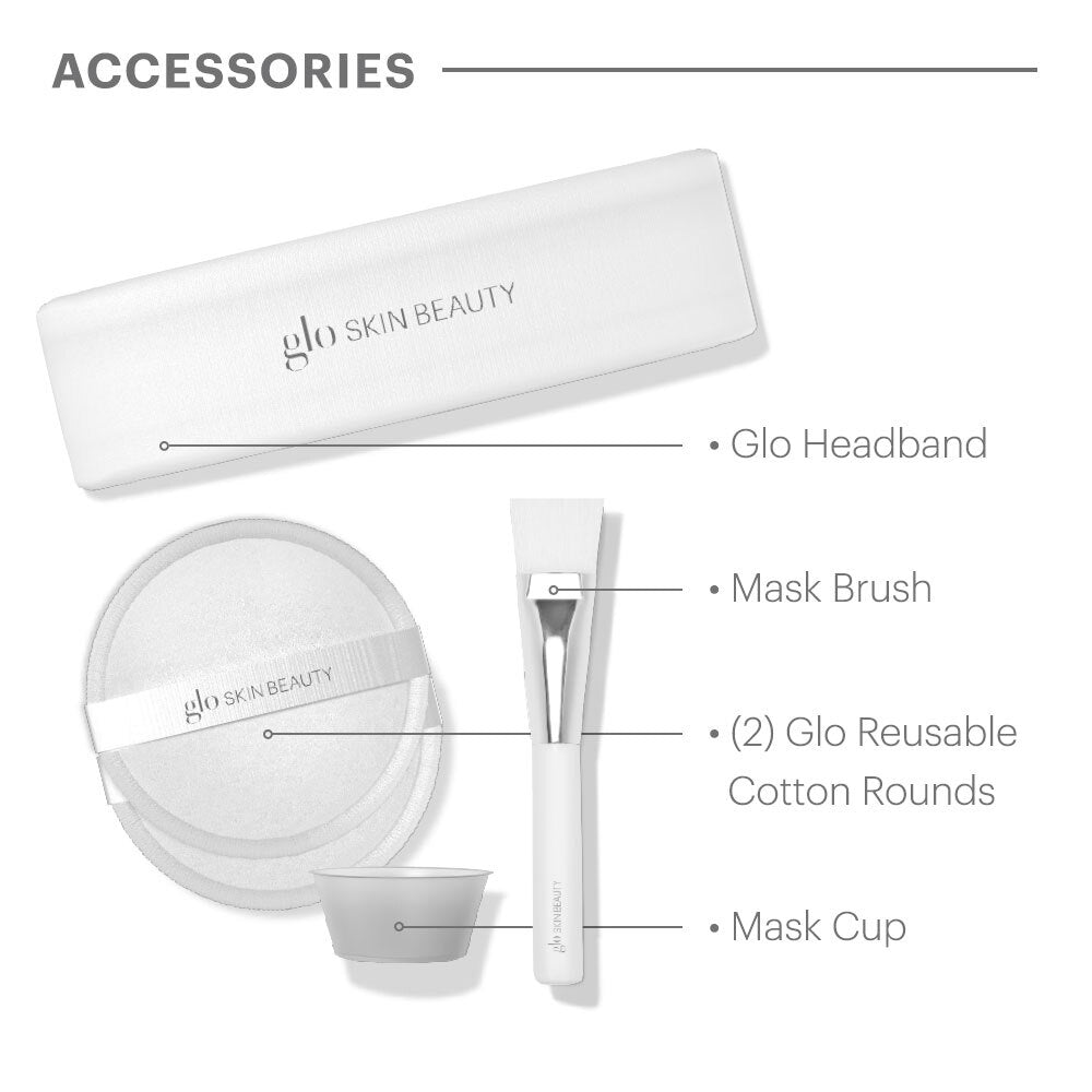Glo Skin Beauty headband, mask brush, reusable cotton rounds, and mask cup with brand name visible
