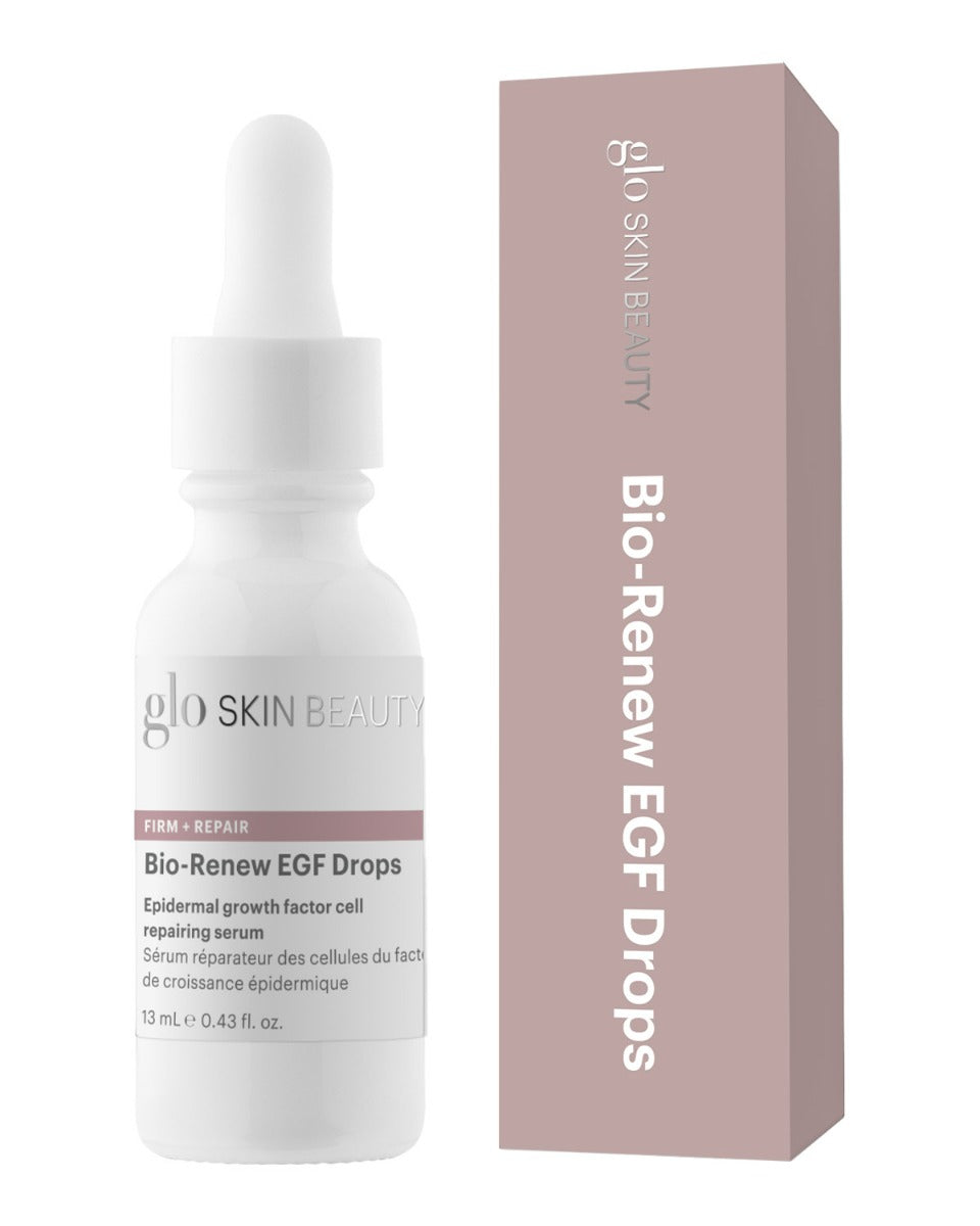 Glo Skin Beauty Bio-Renew EGF Drops bottle and box, firm + repair serum, 13 mL (0.43 fl. oz.)