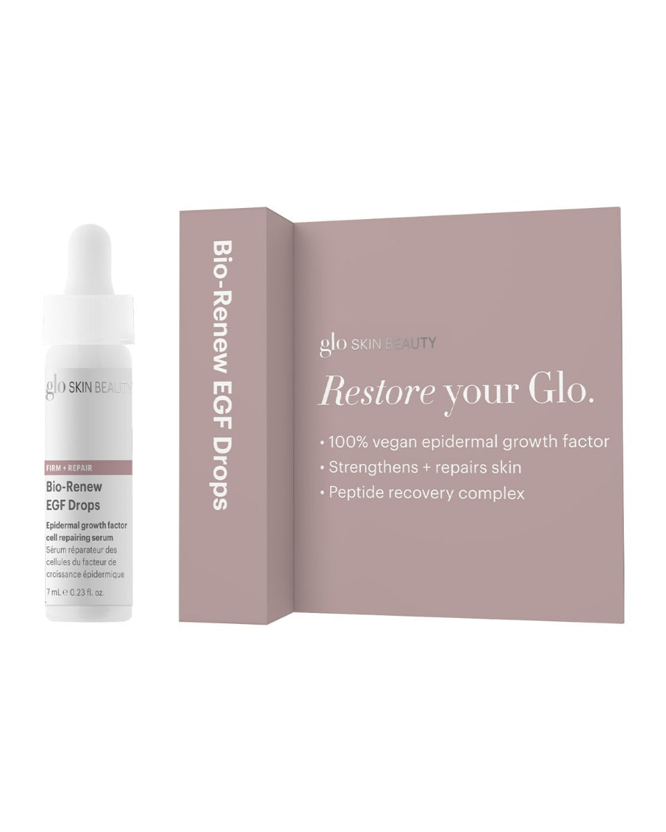 glo SKIN BEAUTY Bio-Renew EGF Drops bottle beside pink card reading 'Restore your Glo.' with three benefit bullets