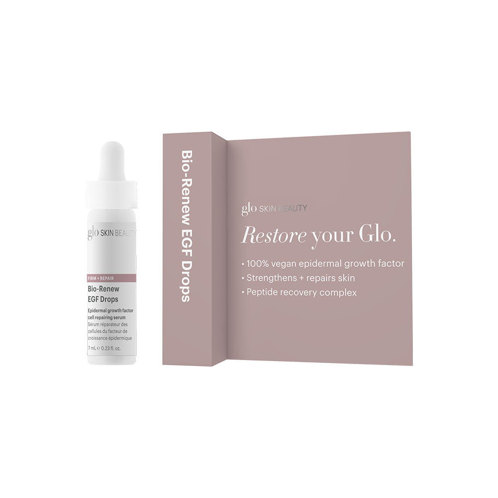 Glo Bio-Renew EGF Drops with packaging highlighting skin repair, peptides, and vegan growth factor.