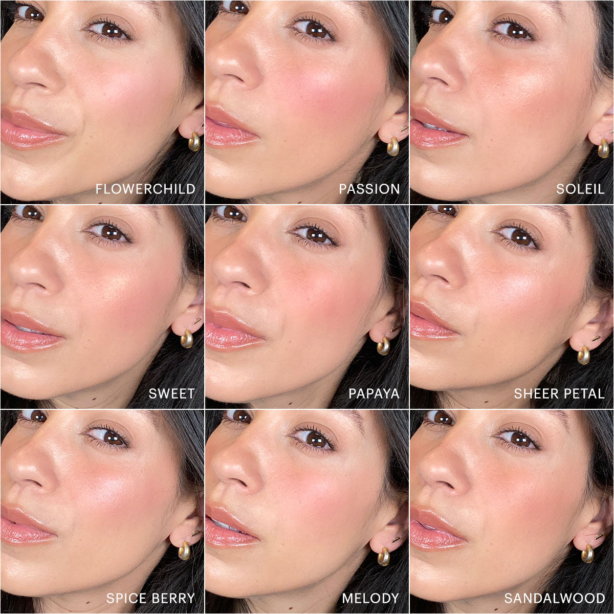 Nine close-up cheek swatches on same face showing blush shades labeled FLOWERCHILD, PASSION, SOLEIL, SWEET, PAPAYA, SHEER PETAL, SPICE BERRY, MELODY, SANDALWOOD.