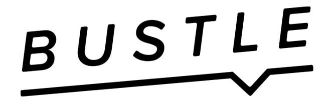 BUSTLE logo with bold angled letters and a long stylized underline ending in a speech-bubble-shaped tail.