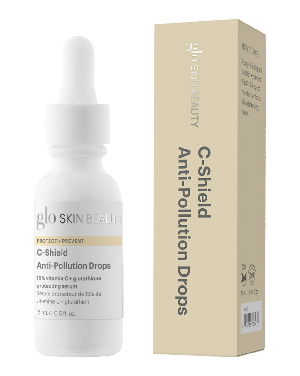 glo SKIN BEAUTY C-Shield Anti-Pollution Drops bottle and box, 15 mL / 0.5 fl. oz.