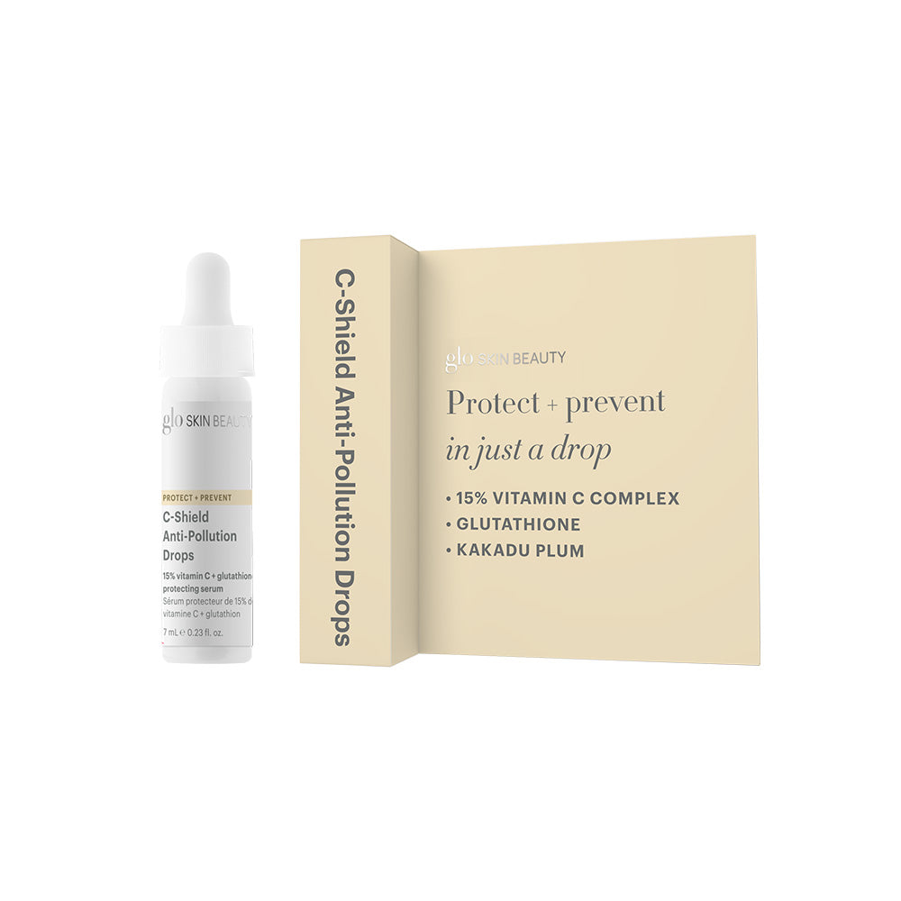 Glo Skin Beauty C-Shield Anti-Pollution Drops with vitamin C, glutathione, and kakadu plum protective serum.