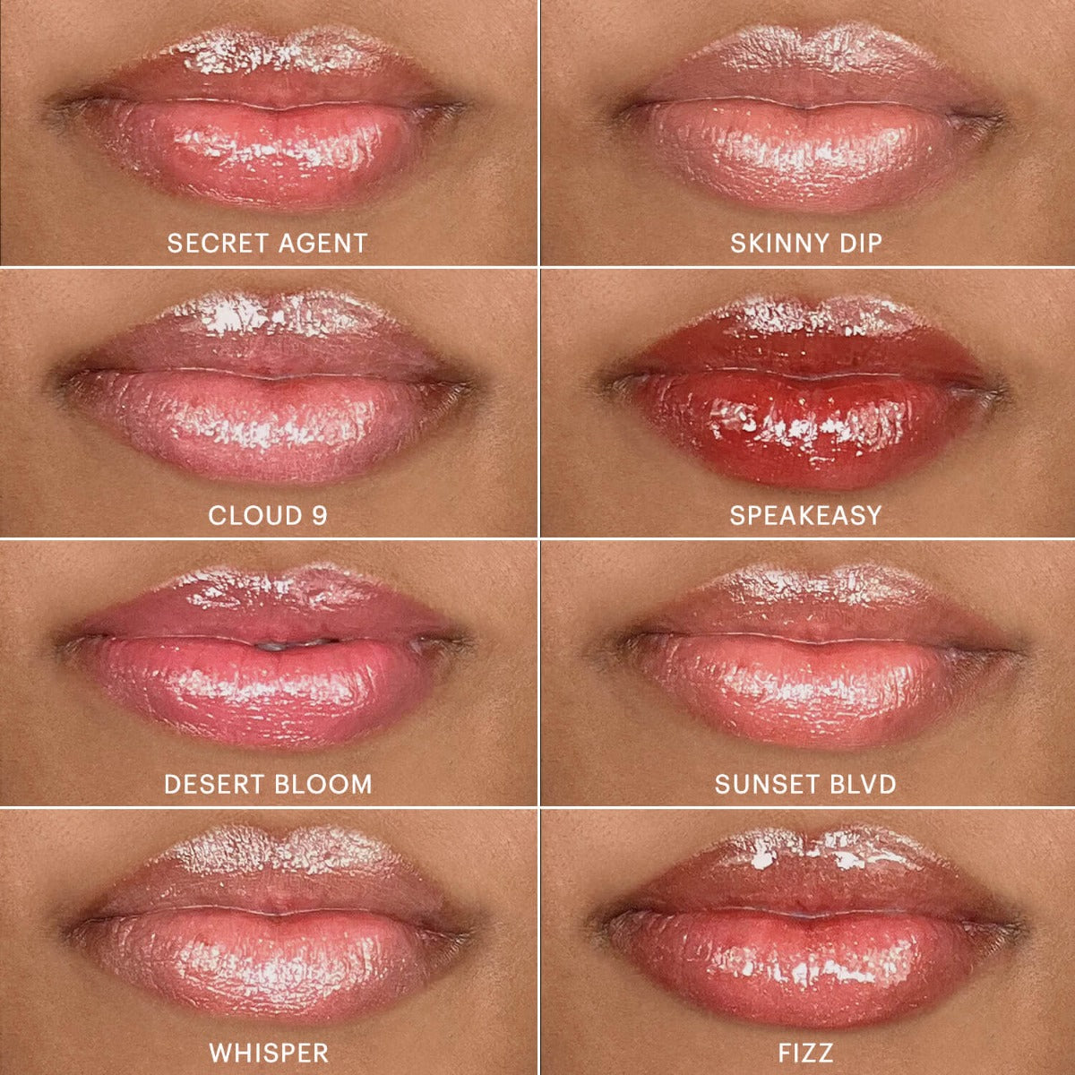 Eight glossy lip swatches labeled SECRET AGENT; SKINNY DIP; CLOUD 9; SPEAKEASY; DESERT BLOOM; SUNSET BLVD; WHISPER; FIZZ