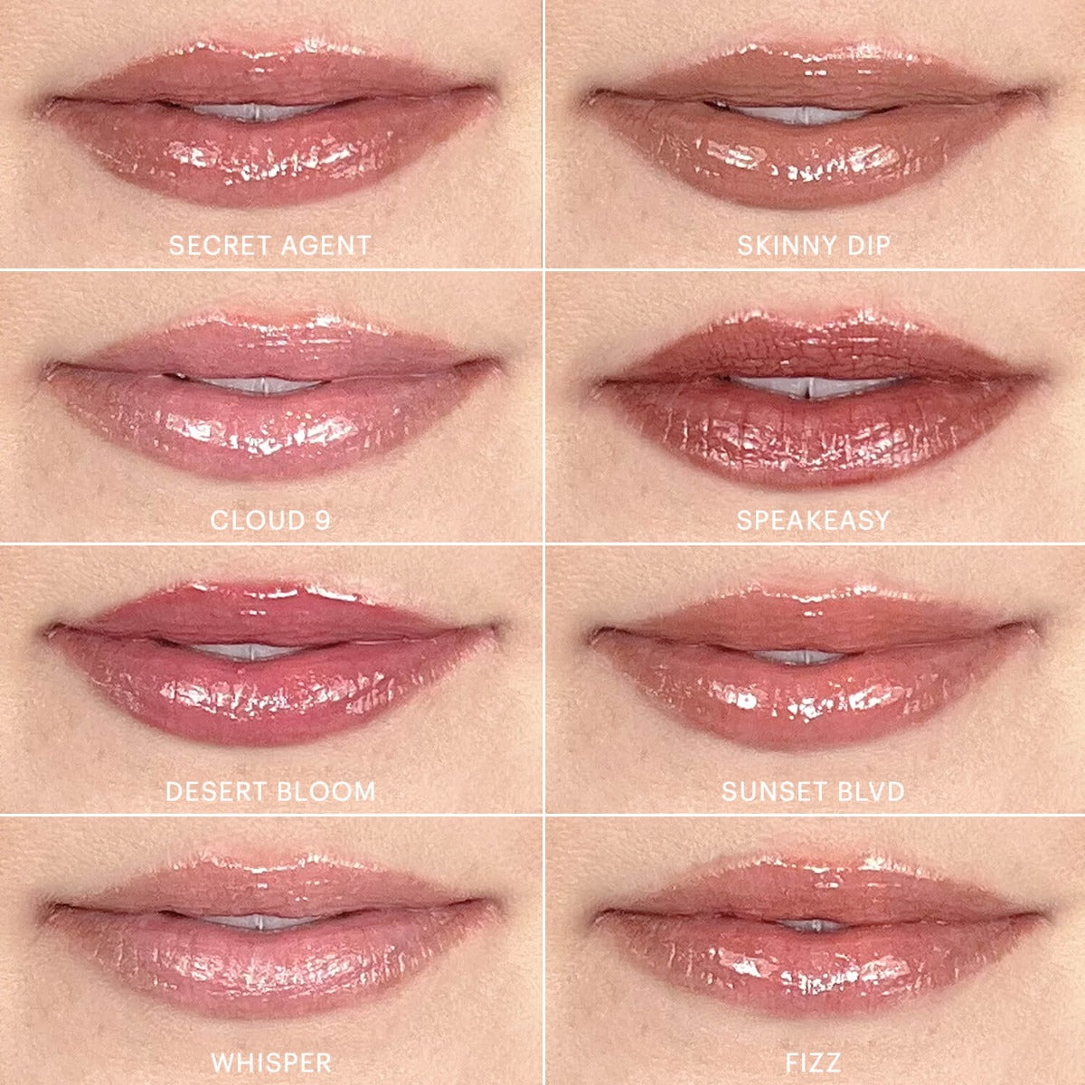 Eight lip gloss shades shown on lips: Secret Agent, Skinny Dip, Cloud 9, Speakeasy, Desert Bloom, Sunset Blvd, Whisper, Fizz
