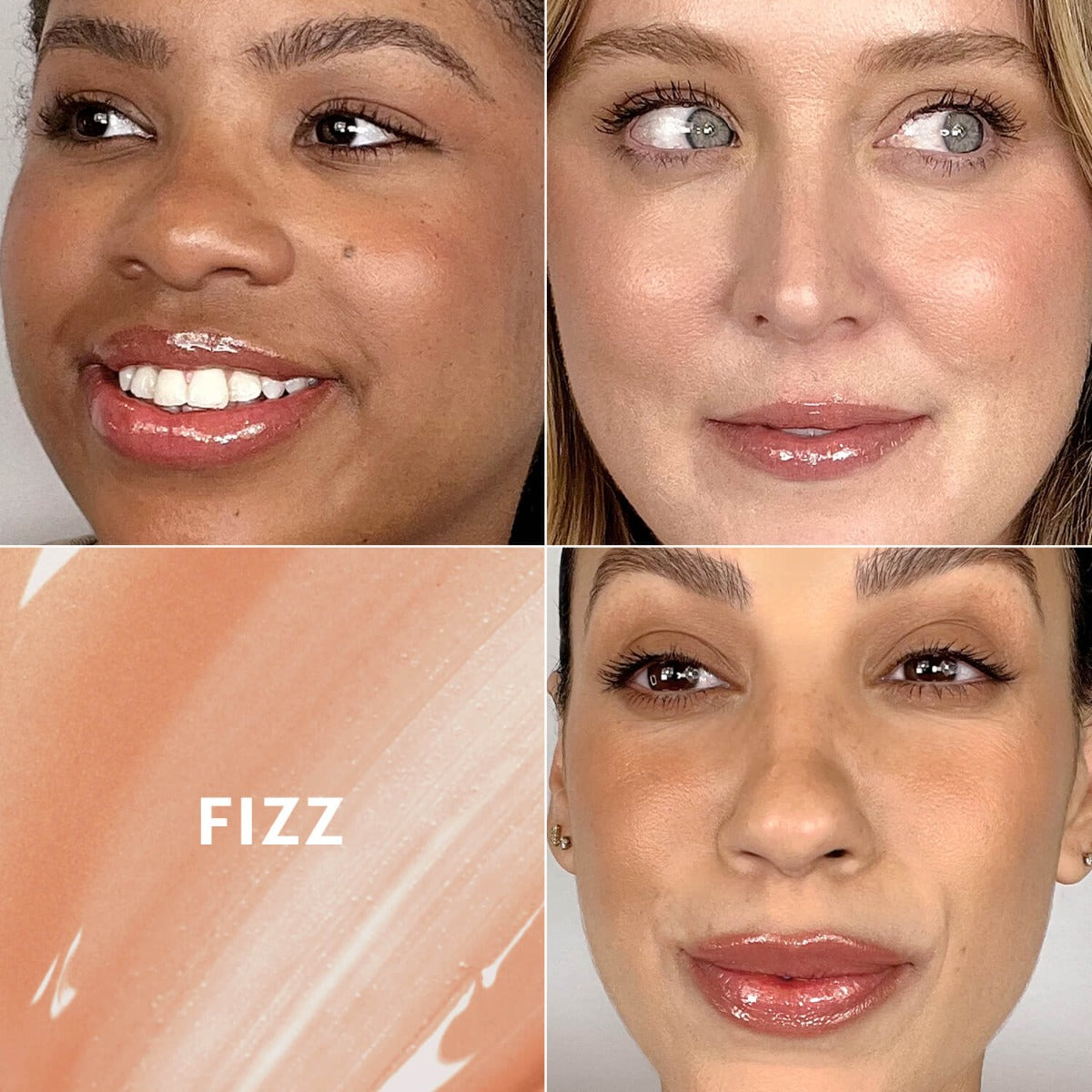 Three women wearing glossy lip gloss and a swatch labeled 'FIZZ' showing the lip gloss color and texture
