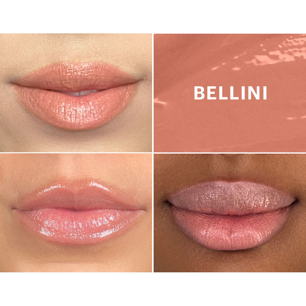 Four-panel lip swatches on three skin tones showing glossy peach-pink shade BELLINI.