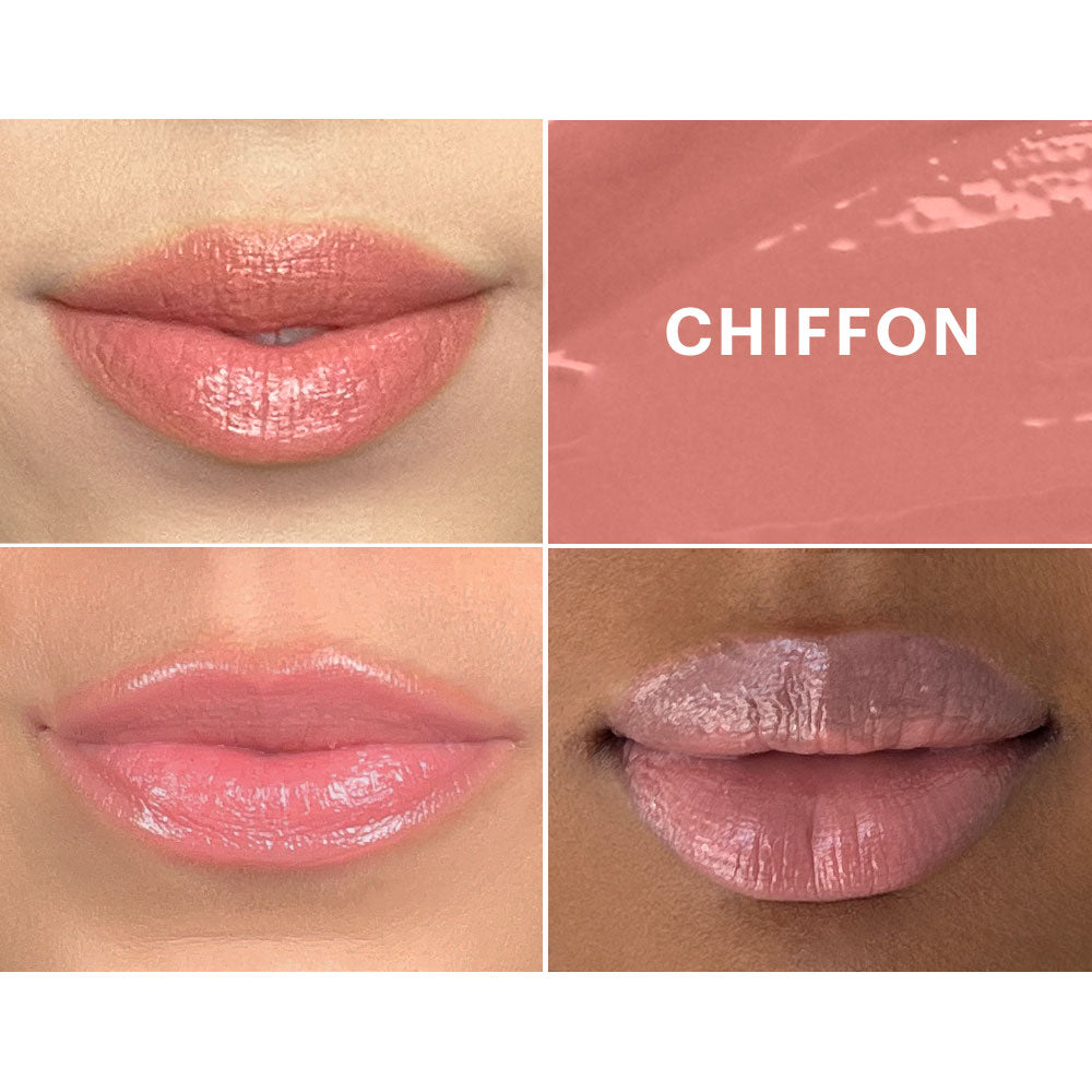 Four close-ups of lips wearing different lip colors; one quadrant shows the word CHIFFON on a lip color swatch.
