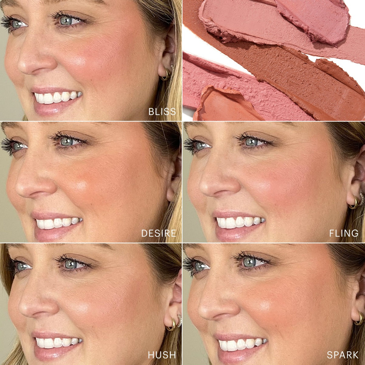 Model wearing six cream blush stick shades: Bliss, Desire, Fling, Hush, Spark, plus swatches of the colors.