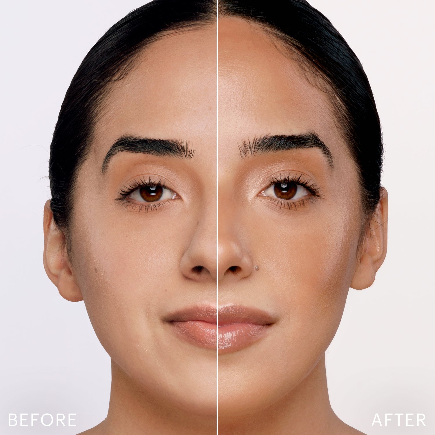 Split-face portrait labeled BEFORE (left) and AFTER (right): left bare skin; right with bronzer, even tone and glossy lips
