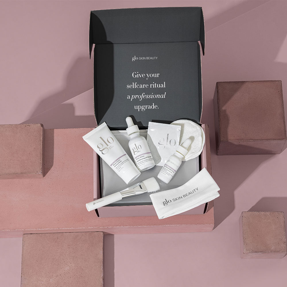Glo Skin Beauty kit with skincare products and text: 'Give your selfcare ritual a professional upgrade.'