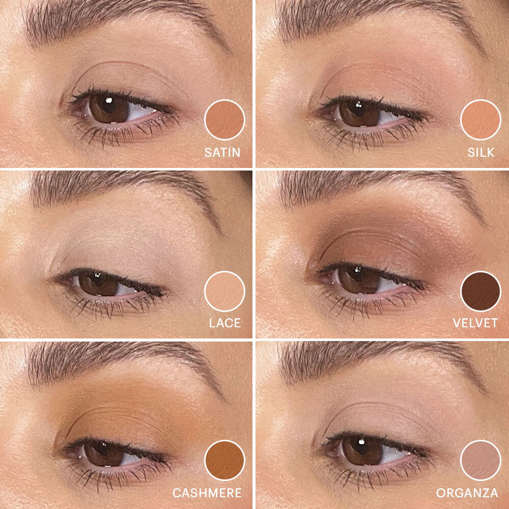 Close-ups of eyes showing six eyeshadow shades: Satin, Silk, Lace, Velvet, Cashmere, Organza.