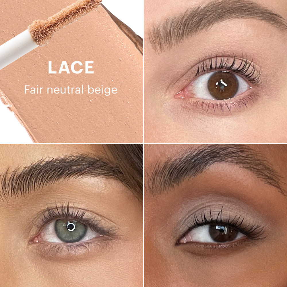 Concealer shade swatch labeled 'LACE Fair neutral beige' with three close-up eyes showing product on varied skin tones.