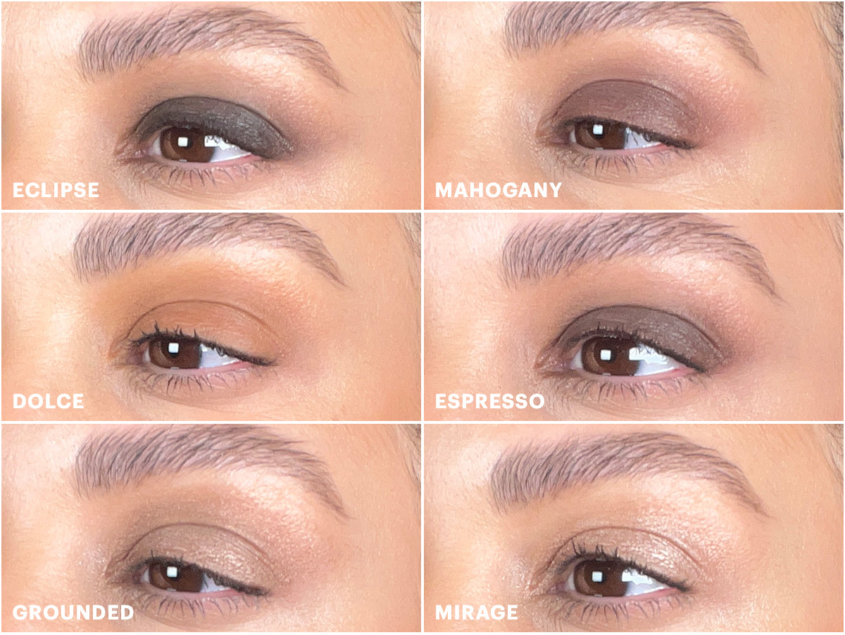 Six close-up eyes showing brown/neutral eyeshadow swatches labeled ECLIPSE, MAHOGANY, DOLCE, ESPRESSO, GROUNDED, MIRAGE.