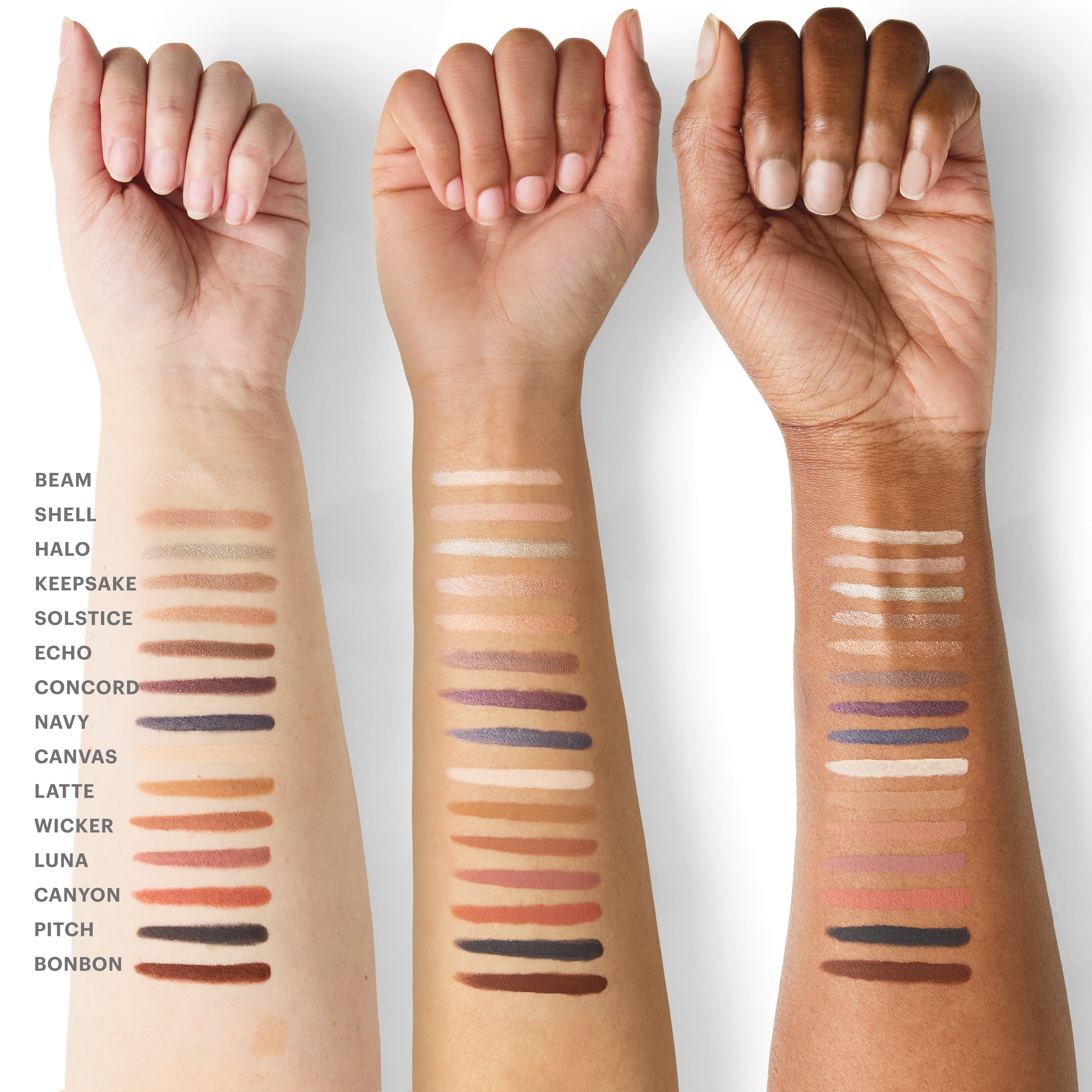 Three arms, swatches; BEAM SHELL HALO KEEPSAKE SOLSTICE ECHO CONCORD NAVY CANVAS LATTE WICKER LUNA CANYON PITCH BONBON