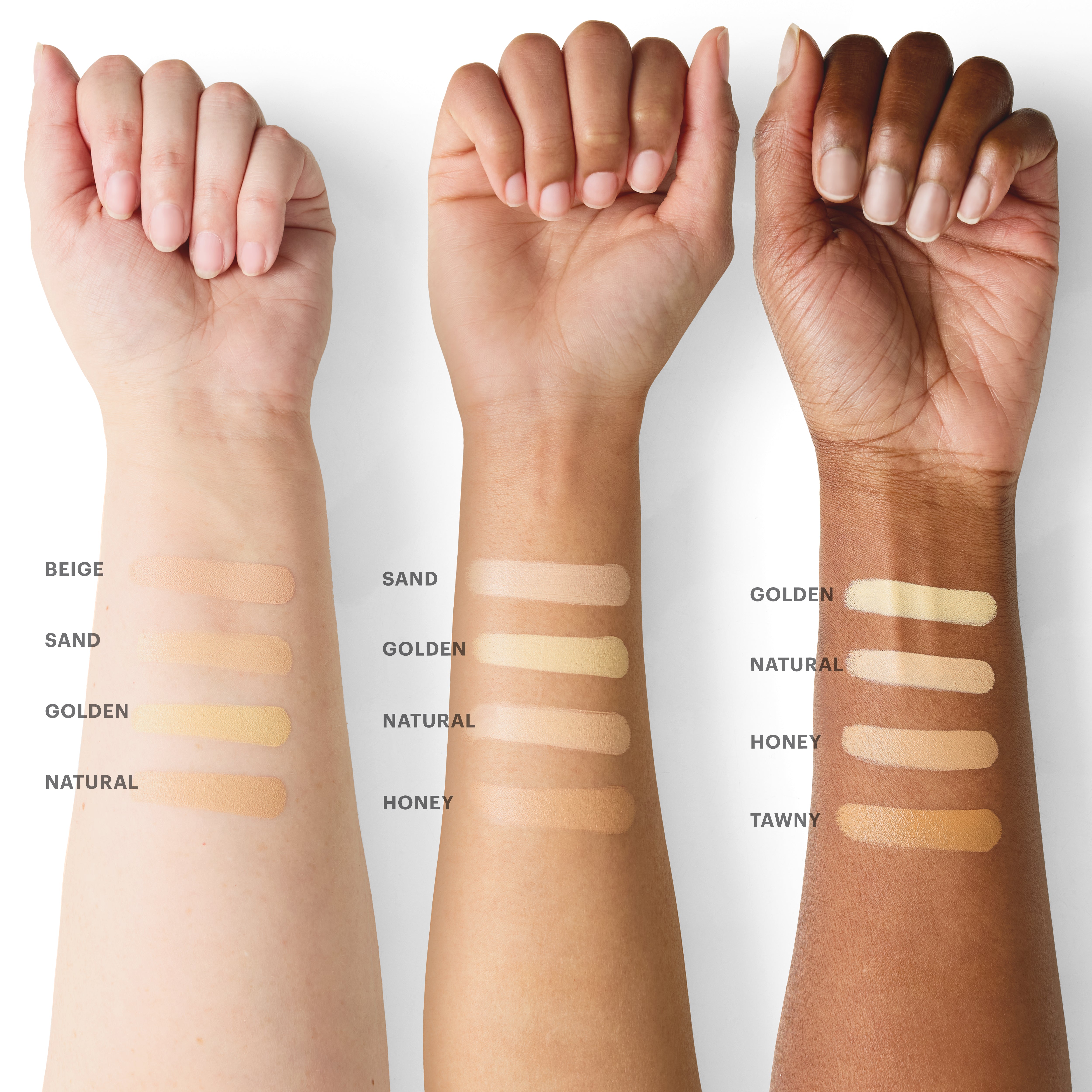 Three forearms with six foundation swatches labeled: BEIGE, SAND, GOLDEN, NATURAL, HONEY, TAWNY.