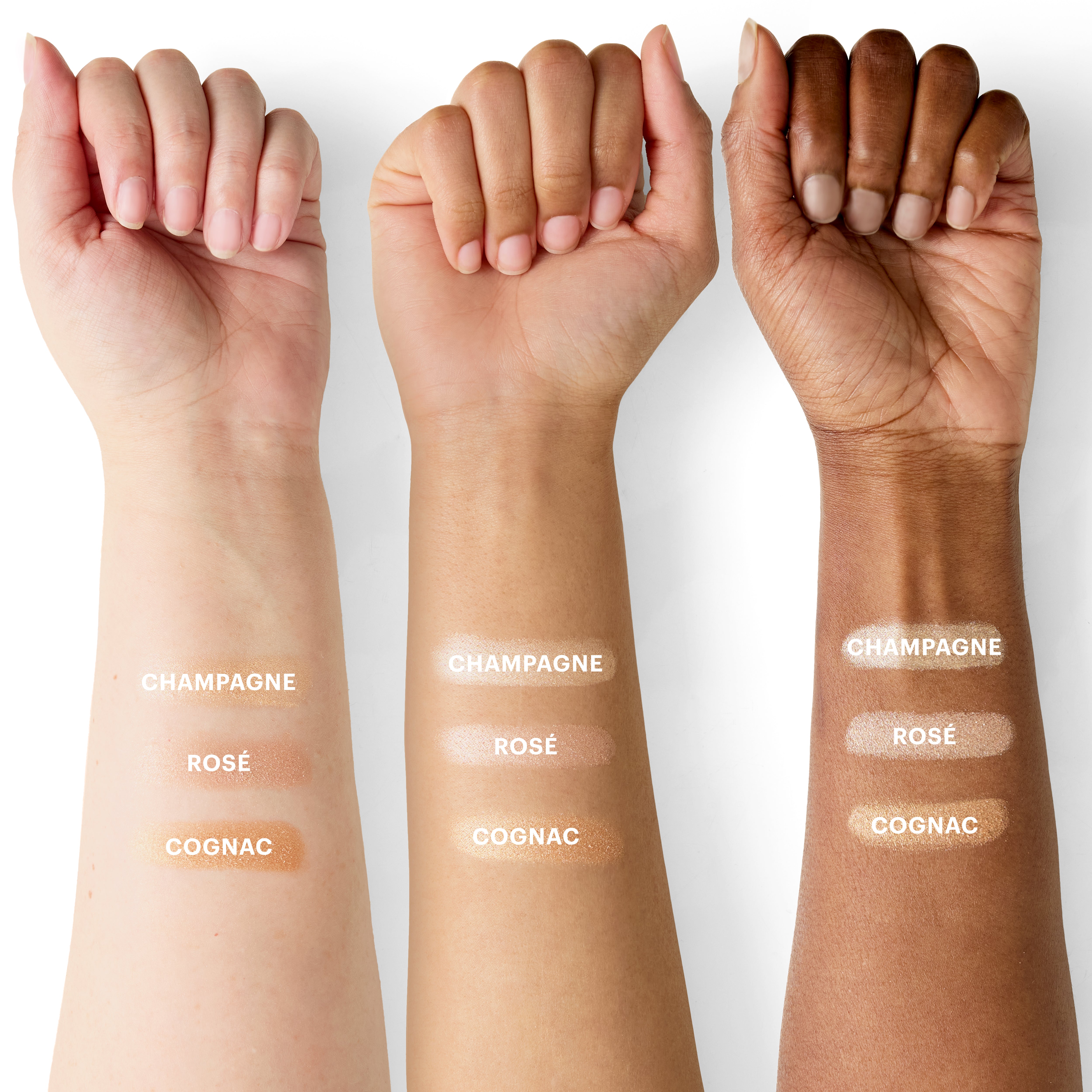 Three forearms showing swatches labeled CHAMPAGNE, ROSÉ, COGNAC on light, medium, and dark skin tones.
