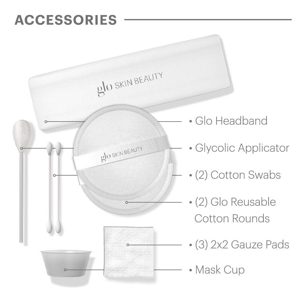 Accessories layout: Glo Skin Beauty headband, glycolic applicator, cotton swabs, Glo cotton rounds, gauze pads, mask cup.