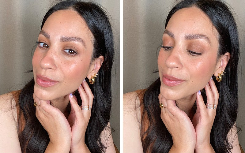 Woman with warm-toned blush and neutral eye makeup, posing with hands at chin in two side-by-side close-up photos.