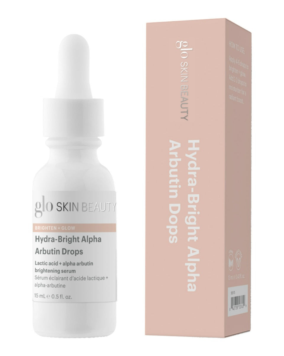 glo SKIN BEAUTY Hydra-Bright Alpha Arbutin Drops bottle and box — BRIGHTEN + GLOW; Lactic acid + alpha arbutin; 15 mL
