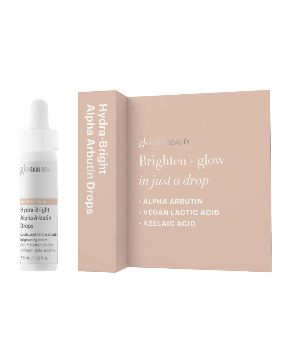 Dropper bottle of Hydra-Bright Alpha Arbutin Drops beside pink card reading 'Brighten + glow' and ingredient bullets.