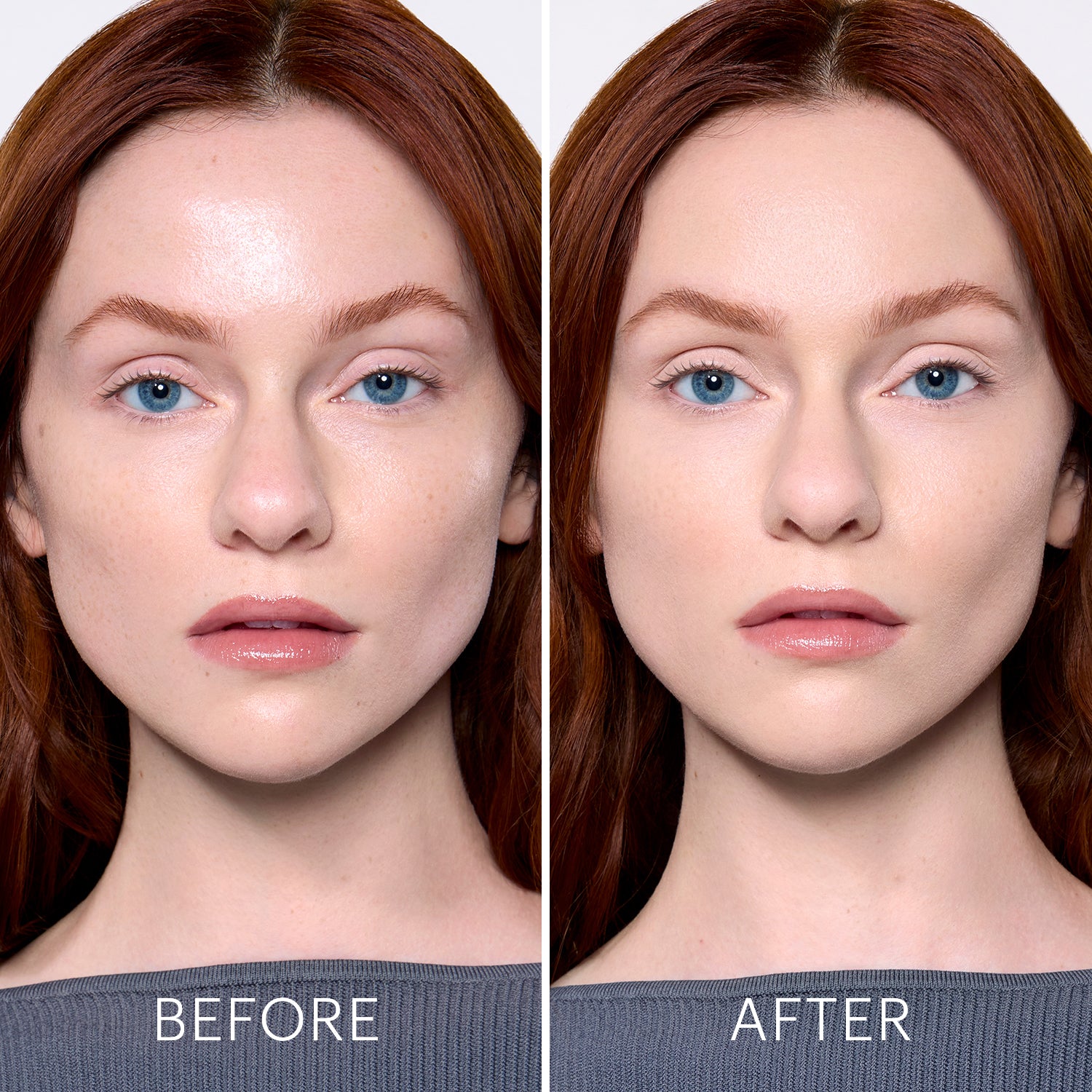 Split portrait of redheaded woman; left labeled BEFORE, right labeled AFTER showing subtle skin and makeup differences.