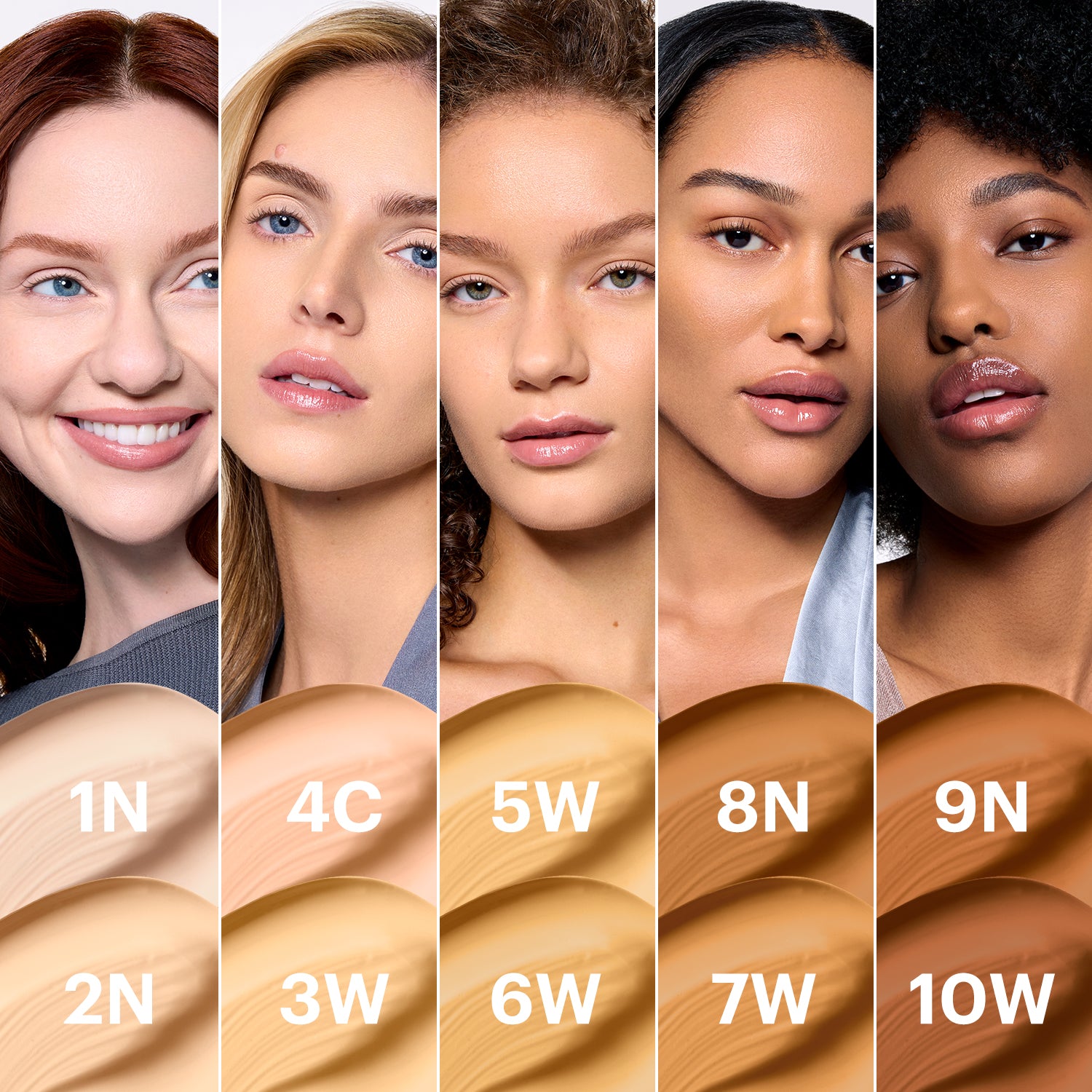Five models across skin tones with Modern Matte Foundation shade swatches labeled 1N, 2N, 4C, 3W, 5W, 6W, 8N, 7W, 9N, 10W