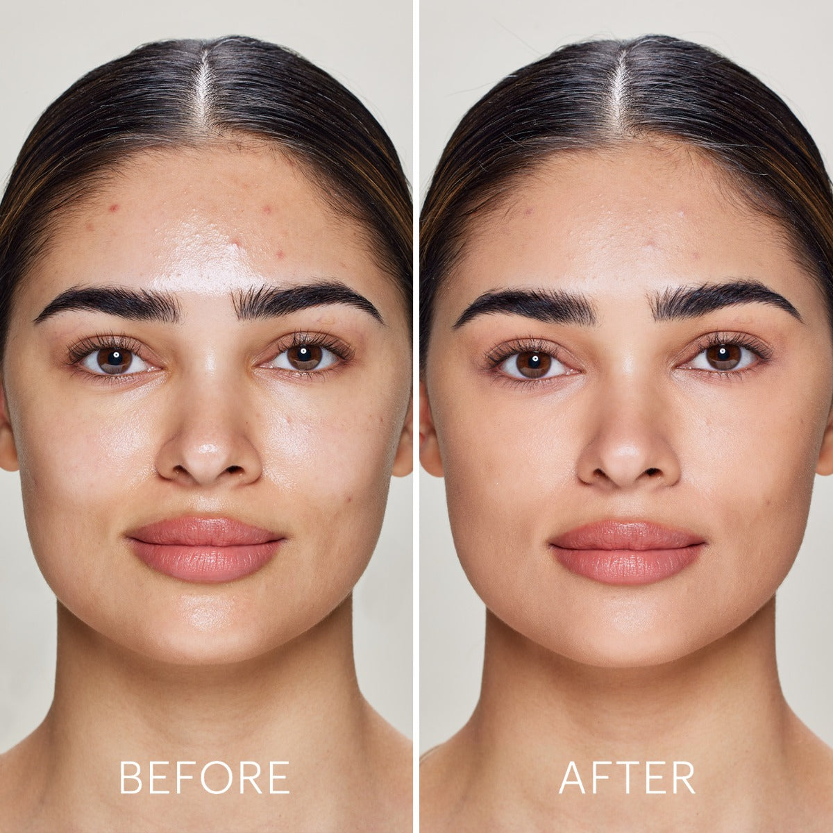 Side-by-side portrait labeled BEFORE and AFTER showing oil-free tinted primer smoothing skin and reducing shine