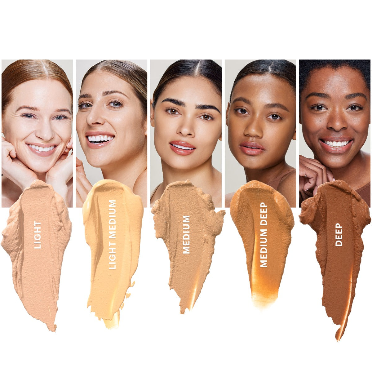 Five models with different skin tones above primer swatches labeled Light, Light Medium, Medium, Medium Deep, Deep