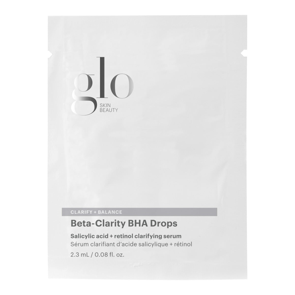 Glo Skin Beauty single-use sachet labeled Beta-Clarity BHA Drops, clarifying salicylic acid + retinol serum, 2.3 mL.