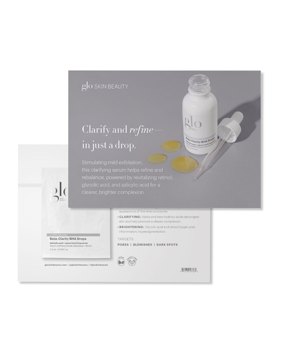 glo SKIN BEAUTY bottle and dropper with three yellow serum drops; card reads 'Clarify and refine — in just a drop.'