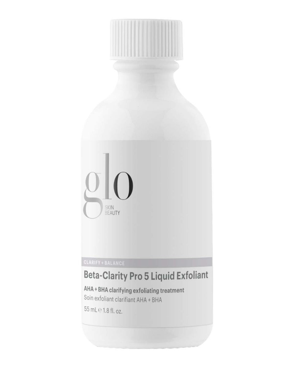 Glo Skin Beauty Beta-Clarity Pro 5 Liquid Exfoliant bottle with AHA + BHA clarifying exfoliating treatment text
