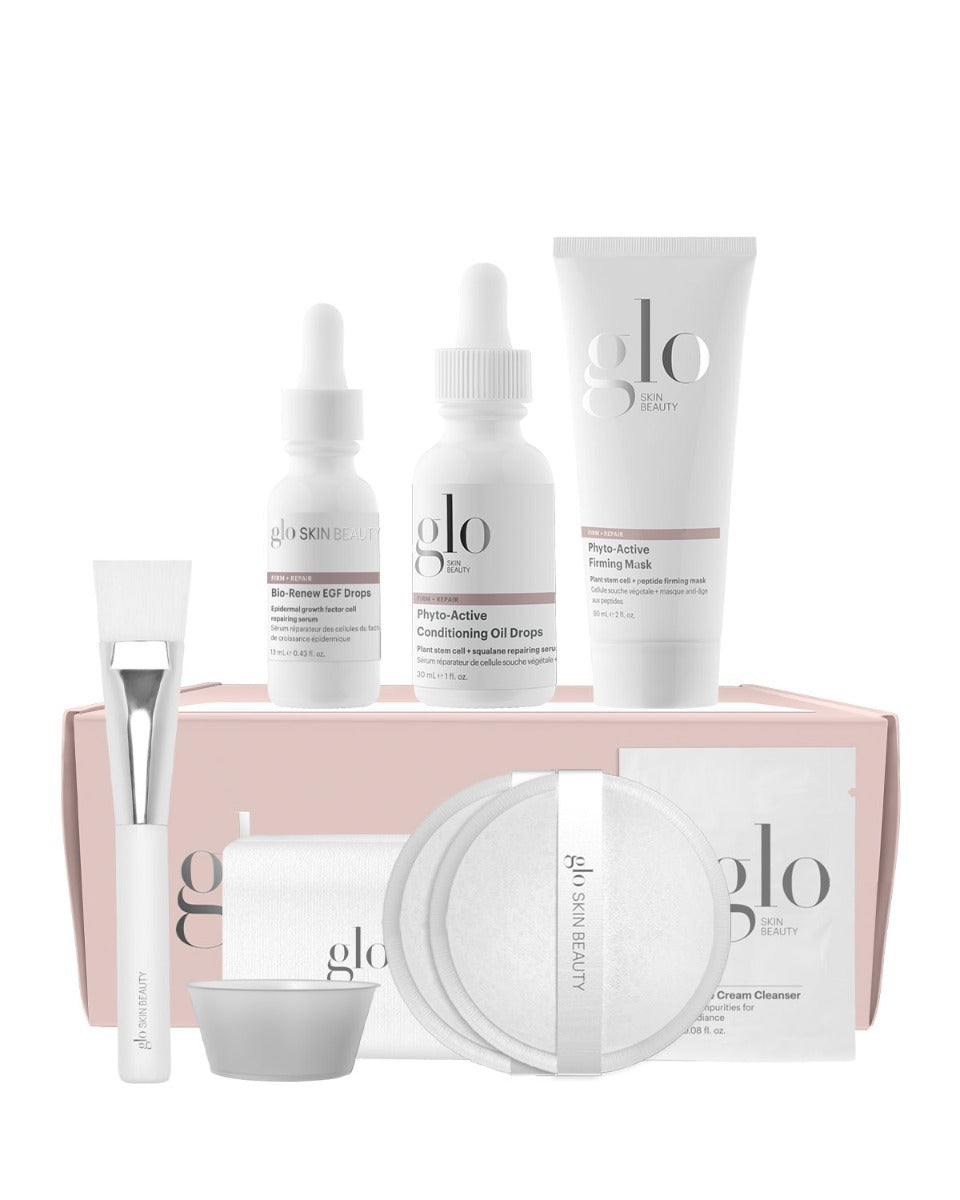 glo SKIN BEAUTY: Bio-Renew EGF Drops; Phyto-Active Conditioning Oil Drops; Phyto-Active Firming Mask; Cream Cleanser.