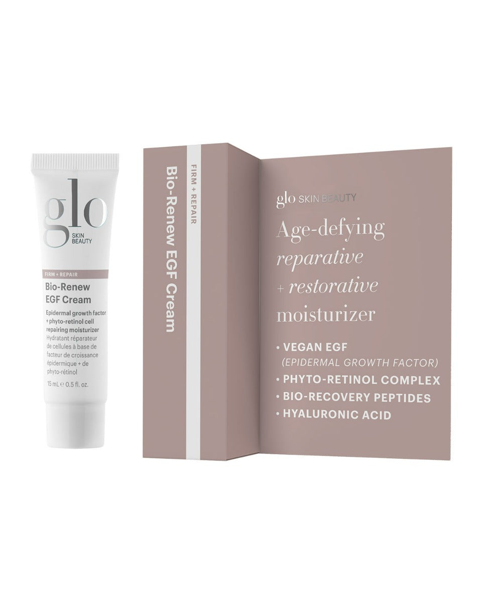 Sample tube and open box of Glo Skin Beauty Bio-Renew EGF Cream, packaging panel reading 'Age-defying reparative + restorative moisturizer'