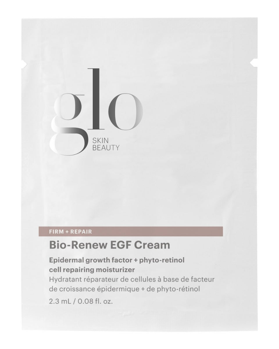 Glo Skin Beauty Bio-Renew EGF Cream sachet with epidermal growth factor and phyto-retinol cell repairing formula.
