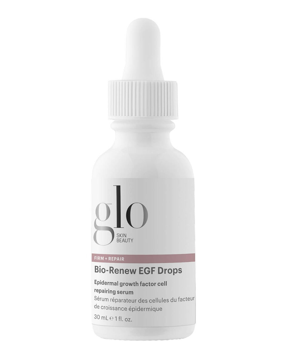 Glo Skin Beauty dropper bottle labeled Bio-Renew EGF Drops — Epidermal growth factor cell repairing serum